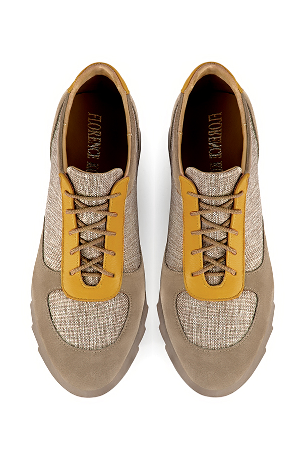 Tan beige and mustard yellow women's three-tone elegant sneakers. Round toe. Low rubber soles. Top view - Florence KOOIJMAN
